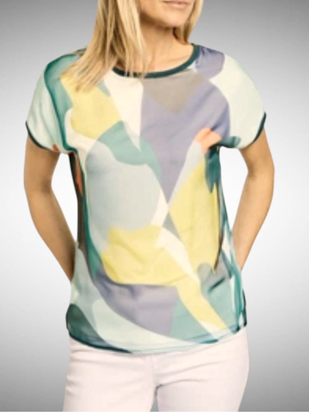 Gerry Weber Abstract Short Sleeve Crewneck Top - Teal, Yellow, Lavender, Cream